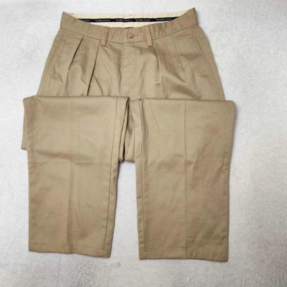Vintage Polo Ralph Lauren Pants Mens 30x28 Beige Chino Pleated Straight Classic